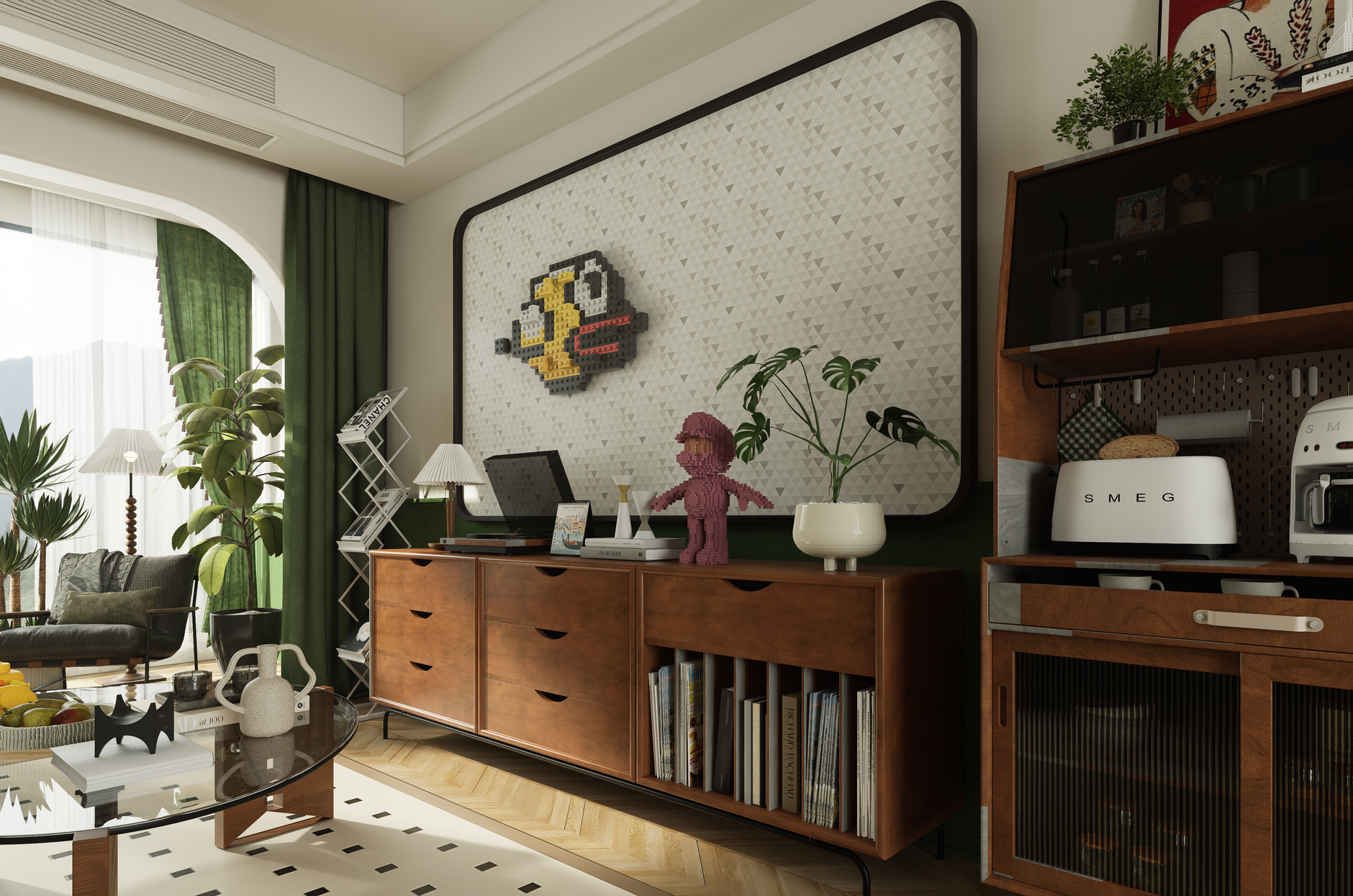 A stylish modern living room featuring a pixel art decoration and vintage furniture.